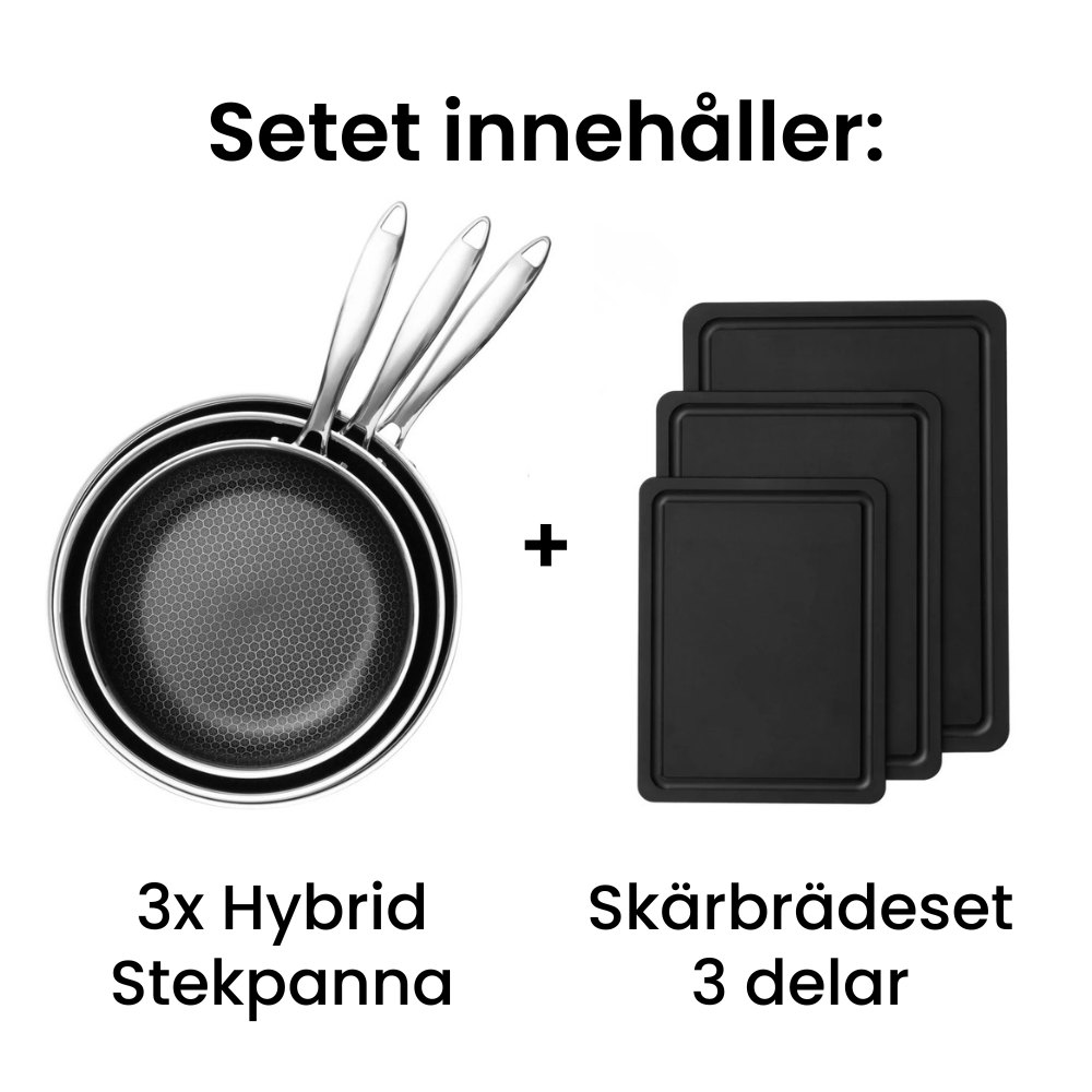 Giftfritt Köksset 6 delar (3x Hybrid Stekpannor + Skärbrädsset 3 delar)